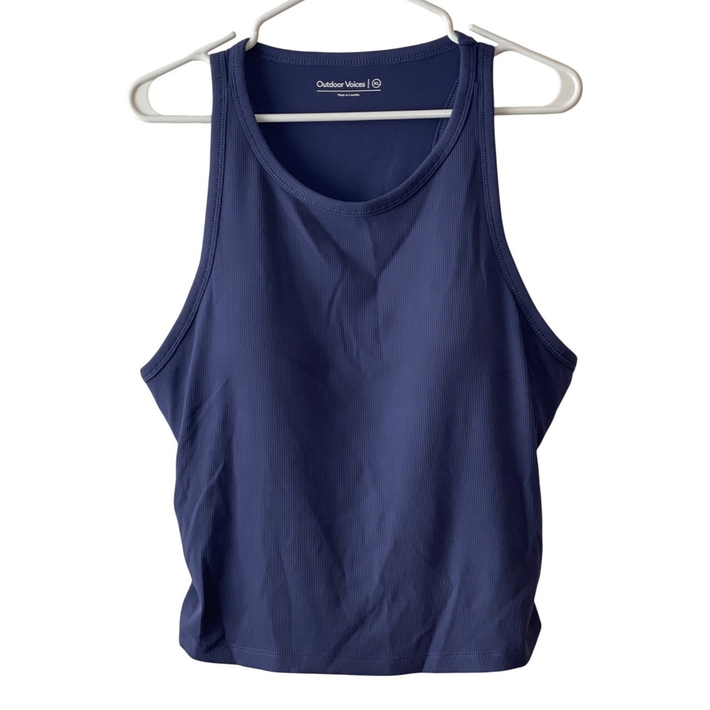 Outdoor Voices Ribbed Cinch Tank Top Womens XL Navy Blue Ruched Bra Yoga Stretch